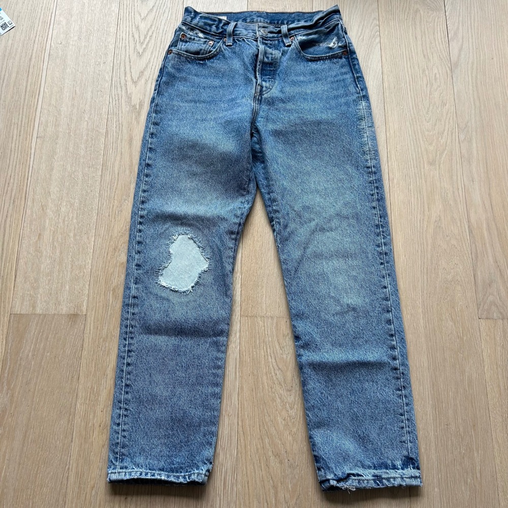 Levi's 501 Straight Leg Patchwork Jeans 25 Blue Distressed Denim Casual Upcycled